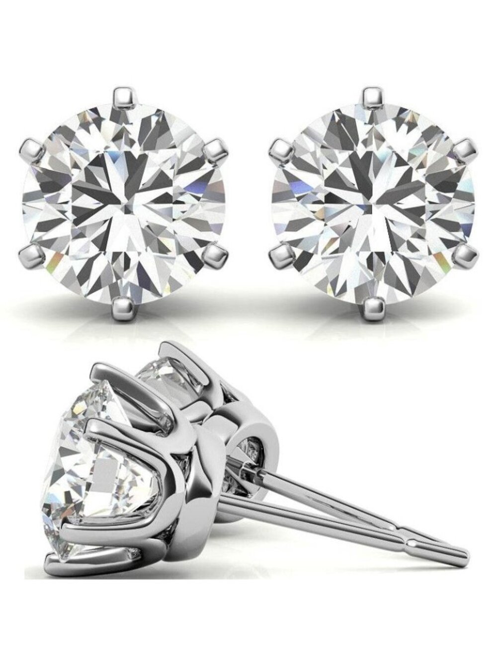 2 Carat CZ Stud Earrings Sterling Silver Overlay‎ 6mm Round